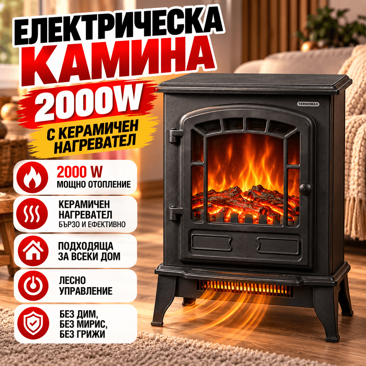 Електрическа Камина Termomax TF257, 2000W с Керамичен Нагревател ЗА ДОМА Електрическа Камина Termomax TF257, 2000W с Керамичен Нагревател