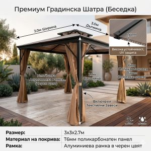 Луксозна Градинска Метална Шатра със Мрежа Против Комари и Завеси